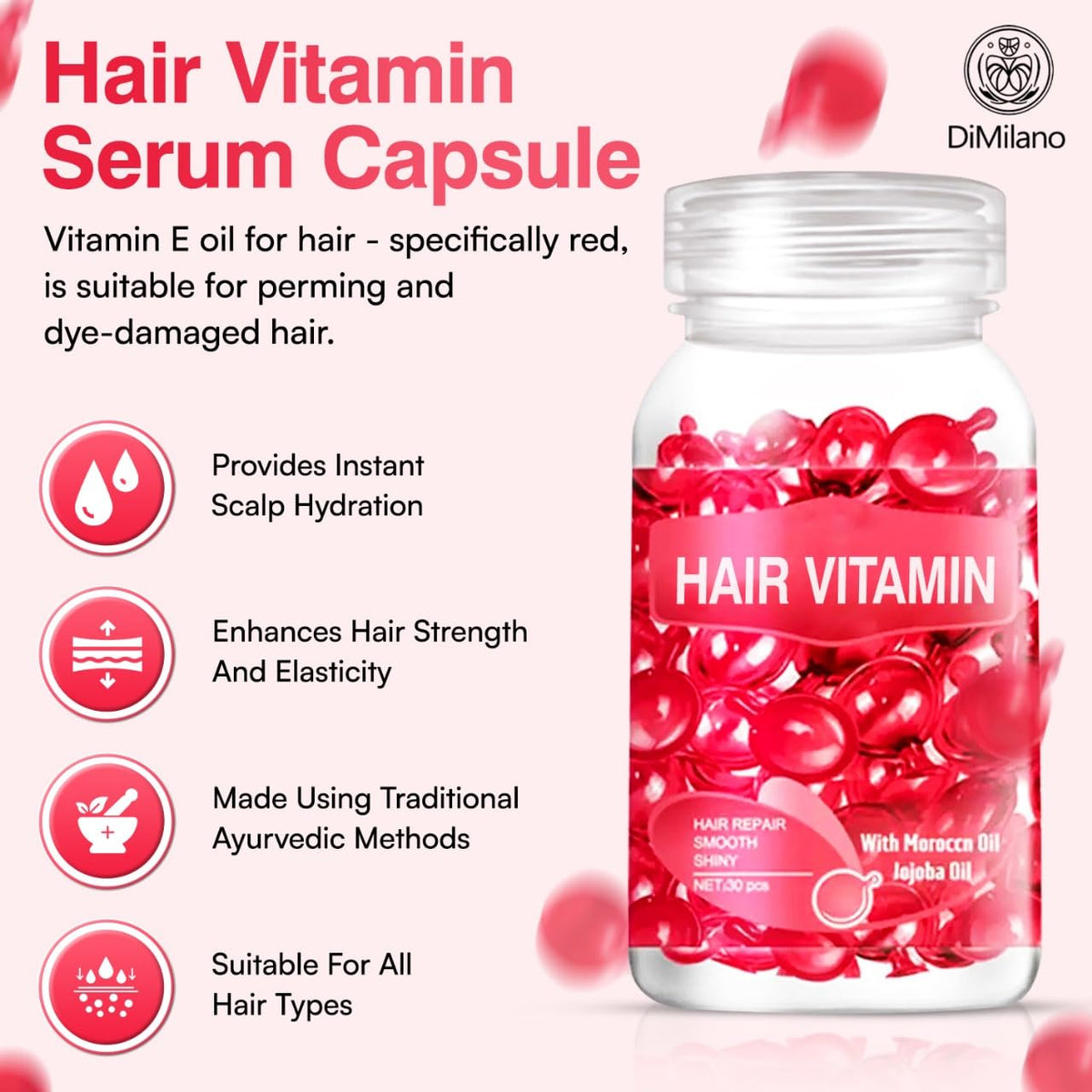 DiMilano Nourishing Leave-In Hair Serum Capsules – Argan, Macadamia & Avocado Oils, 30 Count