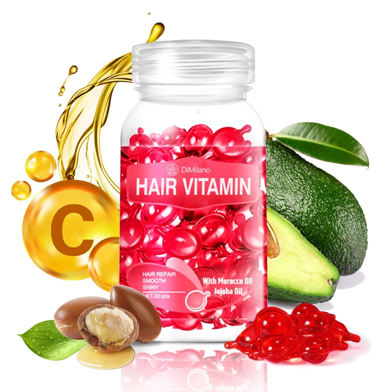 DiMilano Nourishing Leave-In Hair Serum Capsules – Argan, Macadamia & Avocado Oils, 30 Count