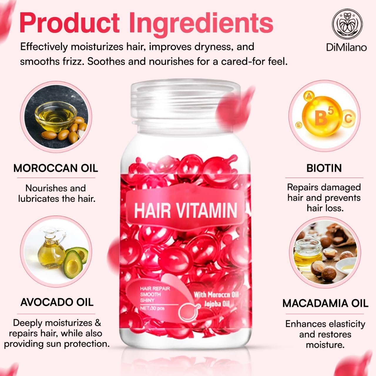 DiMilano Nourishing Leave-In Hair Serum Capsules – Argan, Macadamia & Avocado Oils, 30 Count